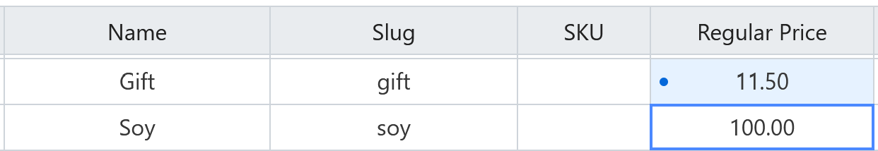 Screenshot of Name, Slug, SKU, and Regular Price columns in Setary. The first row in the Regular Price column has a blue background and a blue dot on the left-hand side.