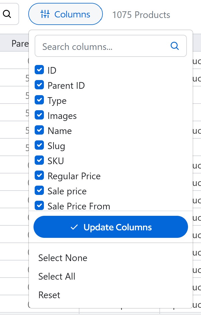 Screenshot of Setary's Columns menu with all columns checked.