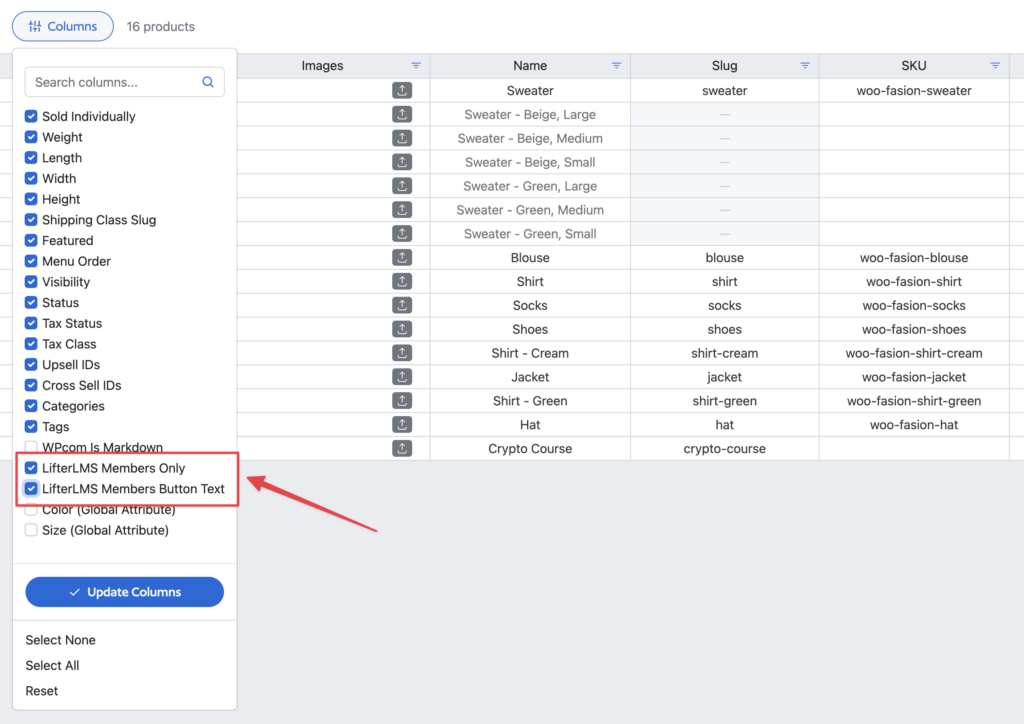 Enable LifterLMS columns in Setary