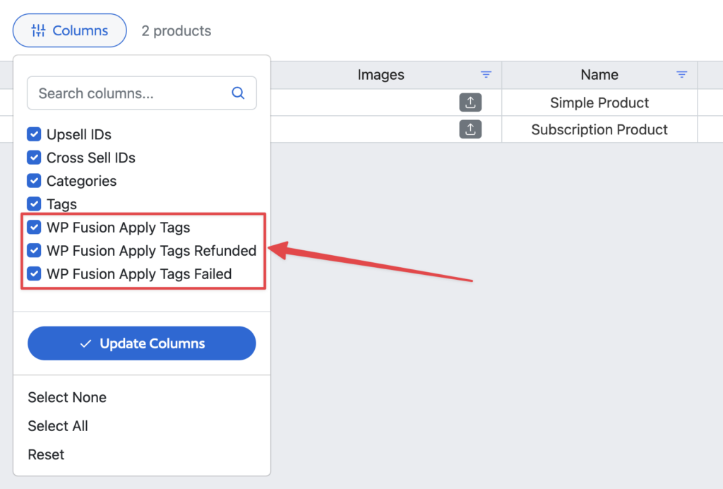 Enable WP Fusion columns in Setary