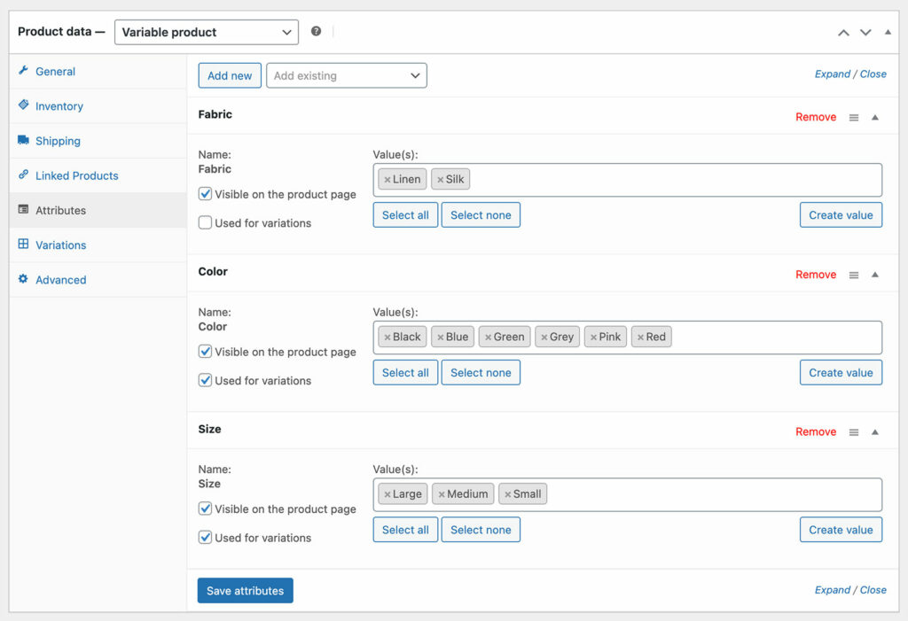 WooCommerce add attributes to product