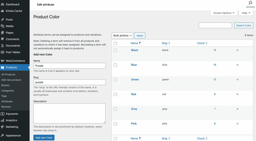 WooCommerce add global attribute terms