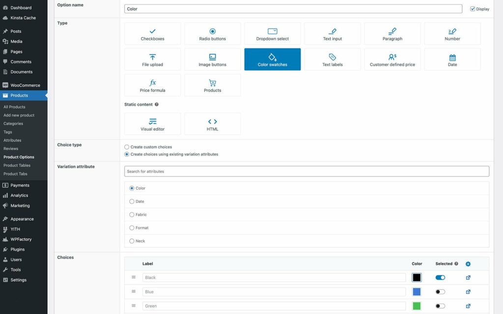 WooCommerce Product Options display variations as options