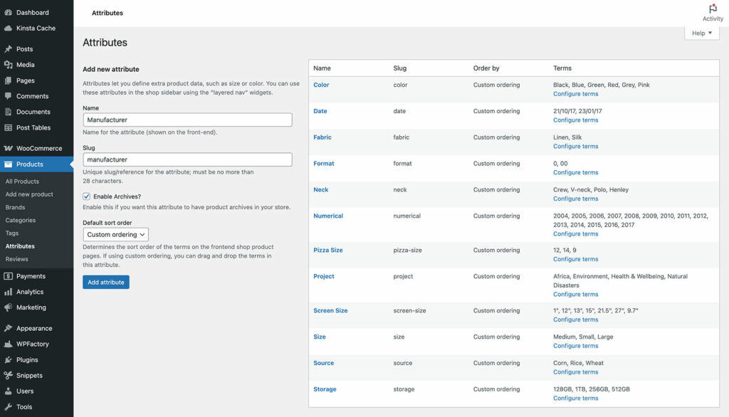 WooCommerce global attributes