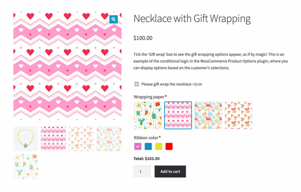 WooCommerce product options variations gift wrap