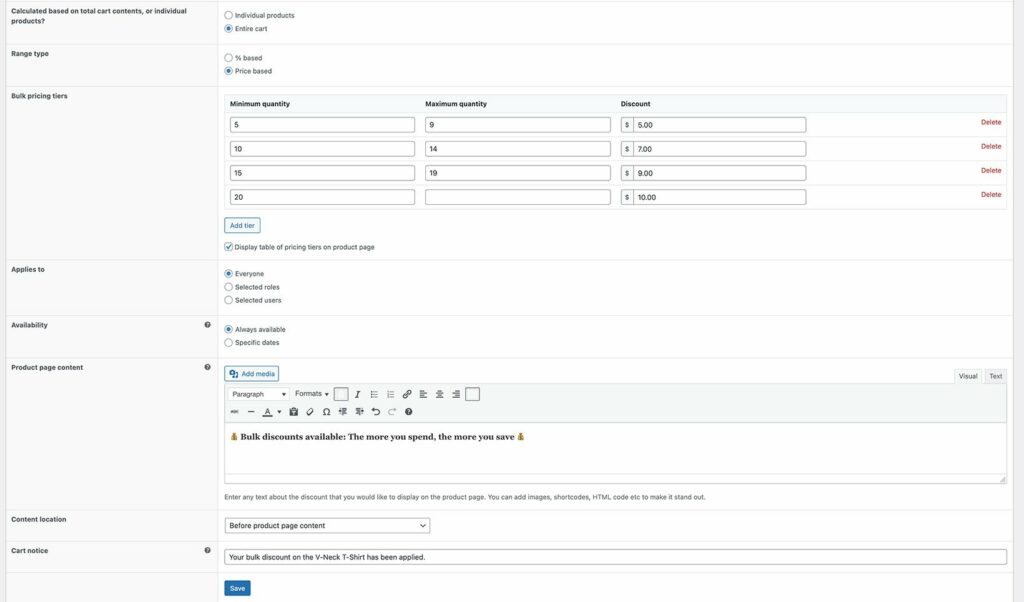WooCommerce bulk discount tiers product page content