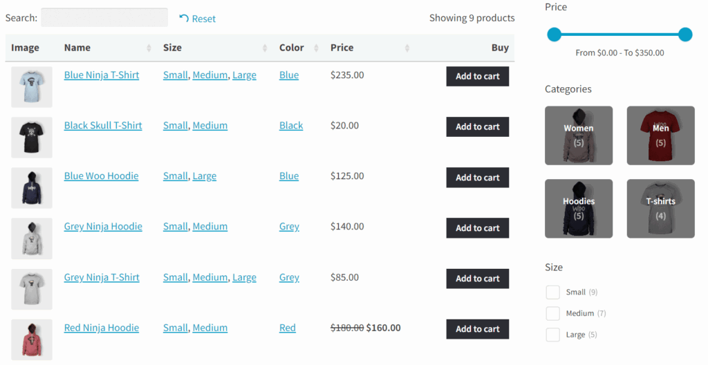 WooCommerce Product Table with attribute columns on shop page