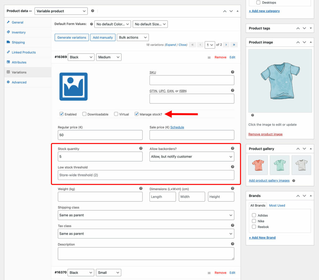 WooCommerce manage stock variation level