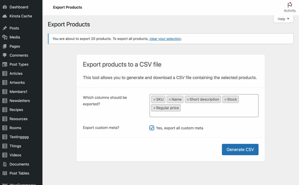 WooCommerce export products to CSV columns