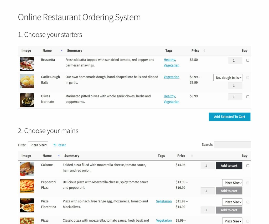 Restaurant ordering product table plugin