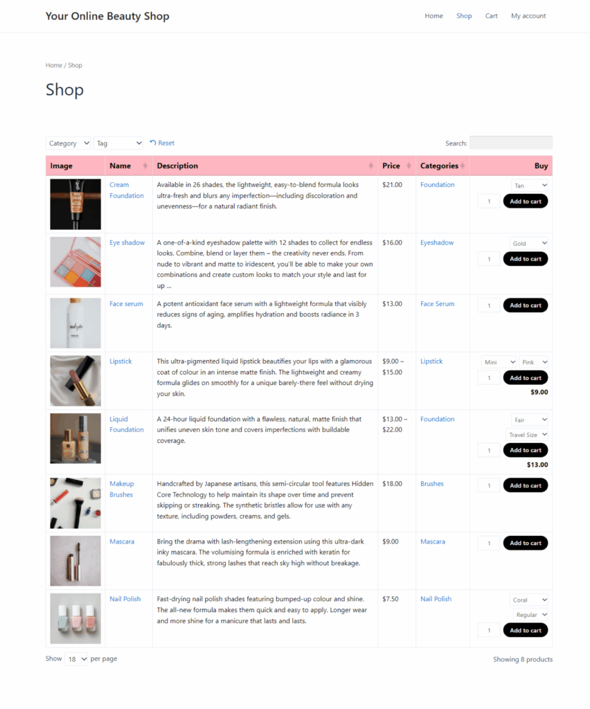 Selling beauty products with Barn2's WooCommerce Product Table plugin