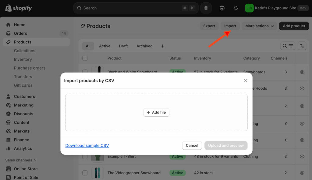 Shopify CSV import dialog with the overwrite existing products option