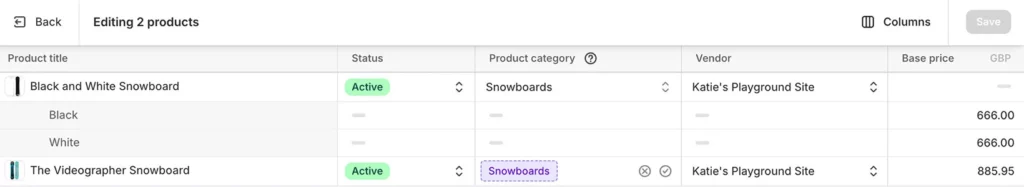 Shopify native bulk editor grid with editable product fields in columns