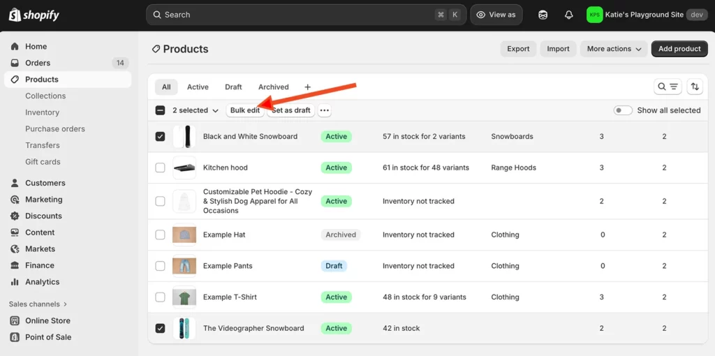 Shopify native bulk editor showing selected products ready for editing