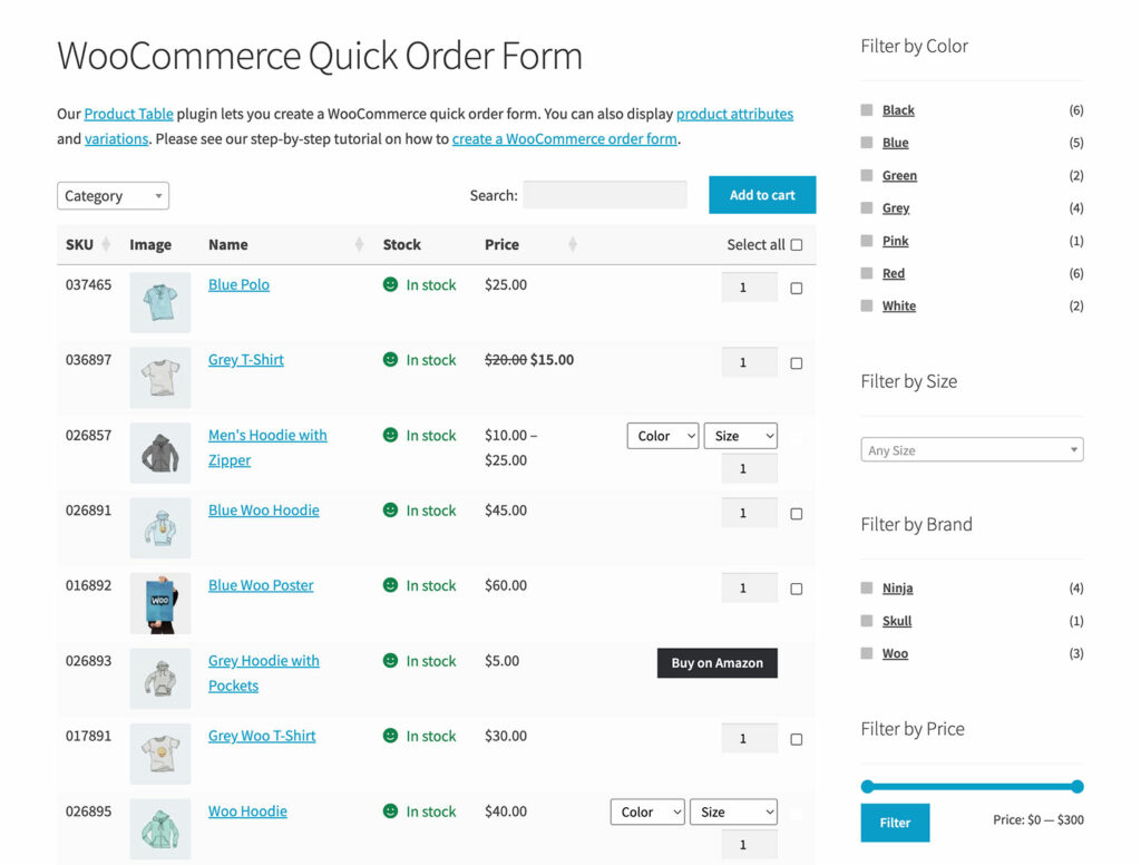 WooCommerce quick order form table plugin