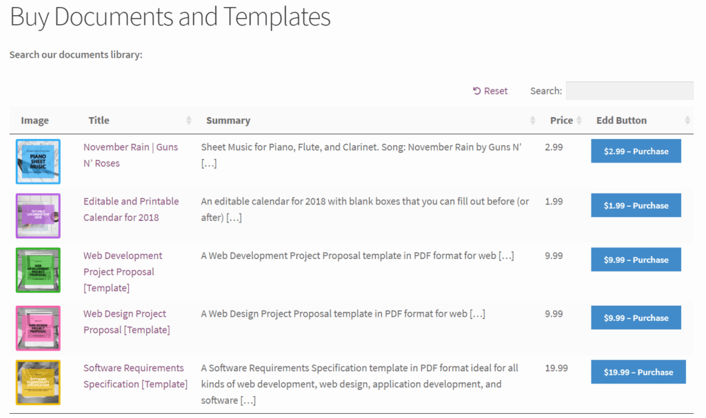 Display WooCommerce downloadable products in a table