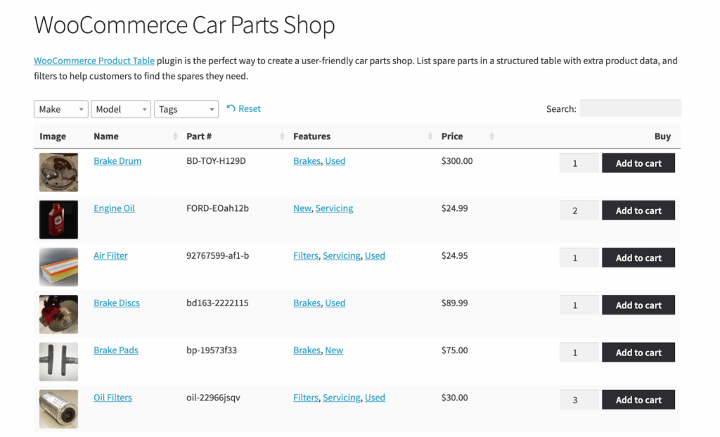 Sell car parts in WooCommerce