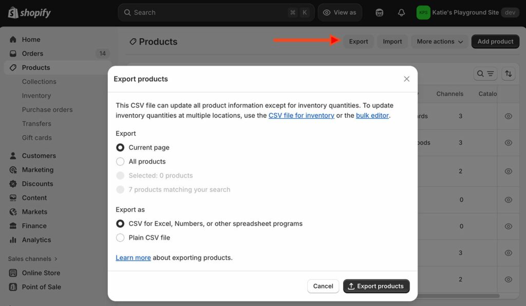 Shopify export products and variants to CSV