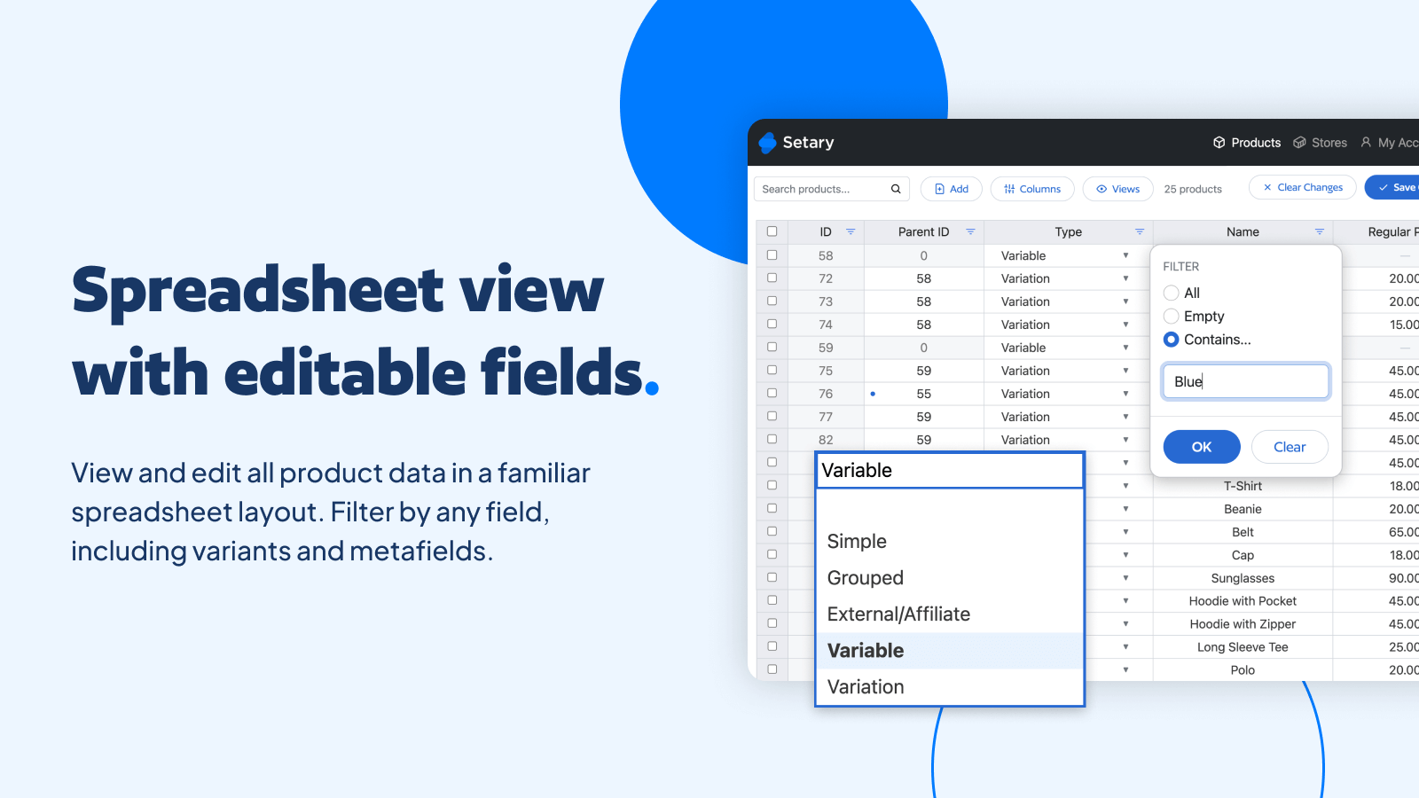 Shopify product data in the Setary spreadsheet editor after an import