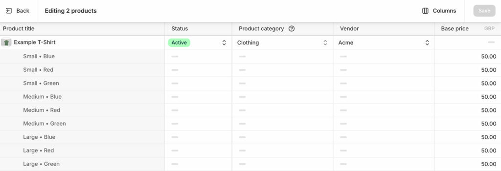 Bulk edit inventory Shopify native editor