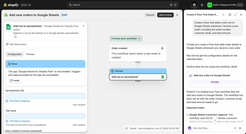 Shopify flow Google Sheets sync