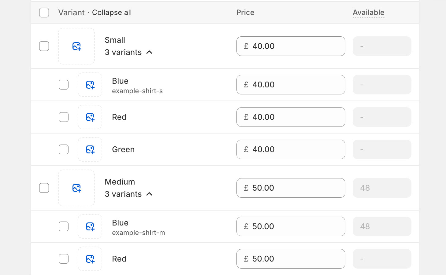 Shopify product variants built from three product options