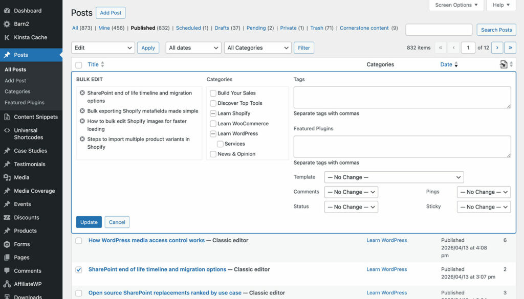 Bulk editing a WordPress events custom post type from the Posts admin screen