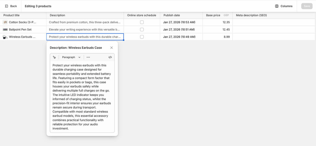 Bulk edit product descriptions in Shopify native without app