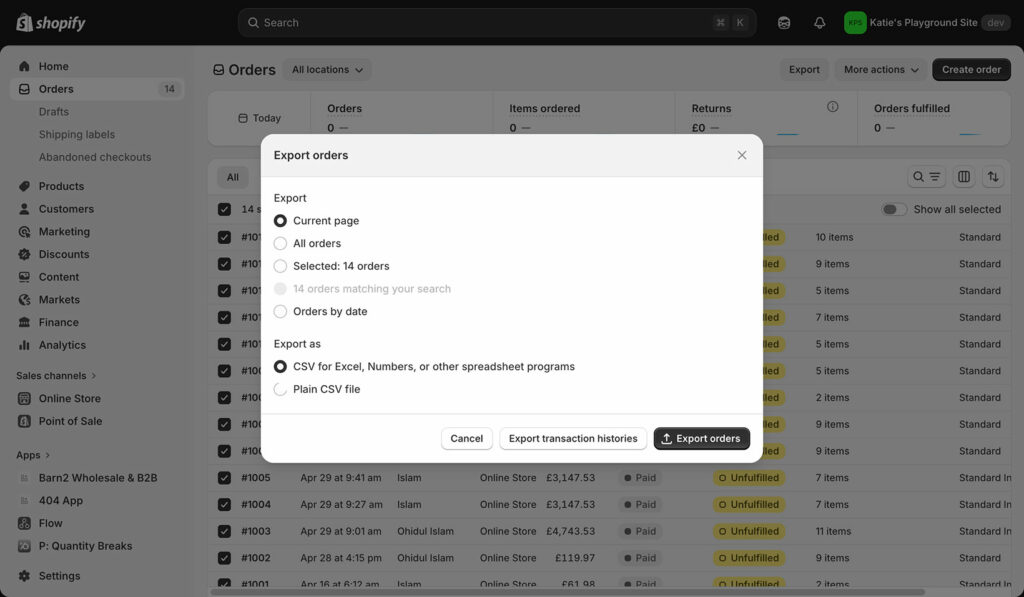 Customer Export Orders and Transactions Shopify