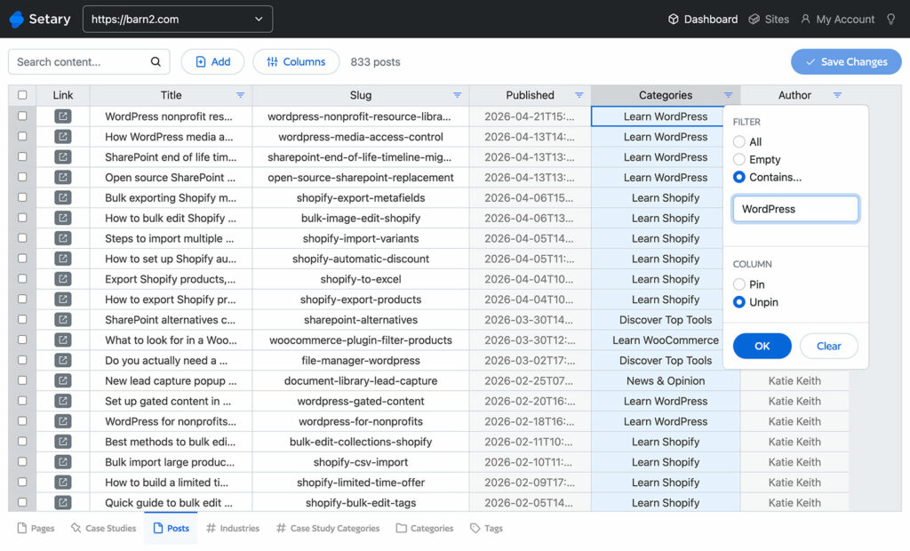Setary WordPress Bulk Edit Blog Posts Filter