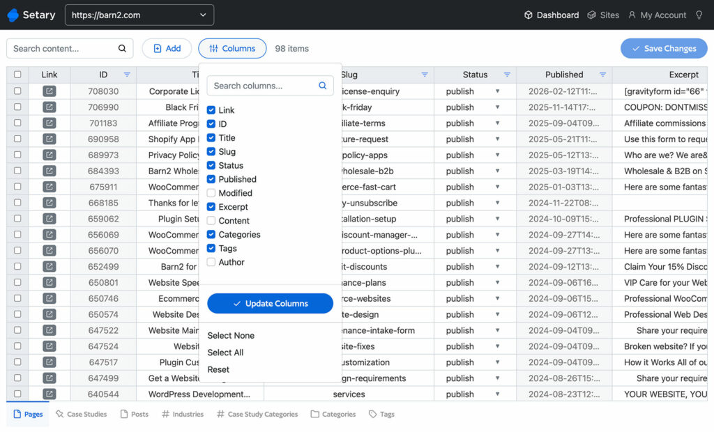 Setary WordPress Bulk Edit Pages Spreadsheet Columns