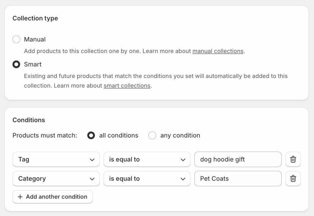 Shopify Smart collection add product