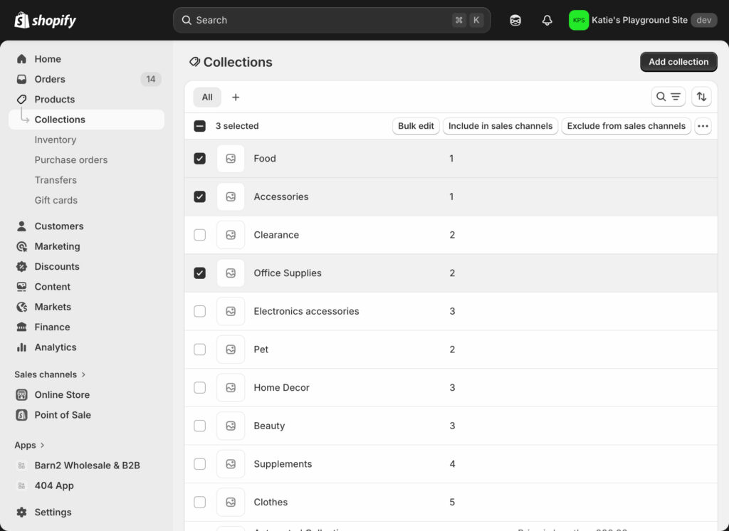 Shopify manage and bulk edit collections natively