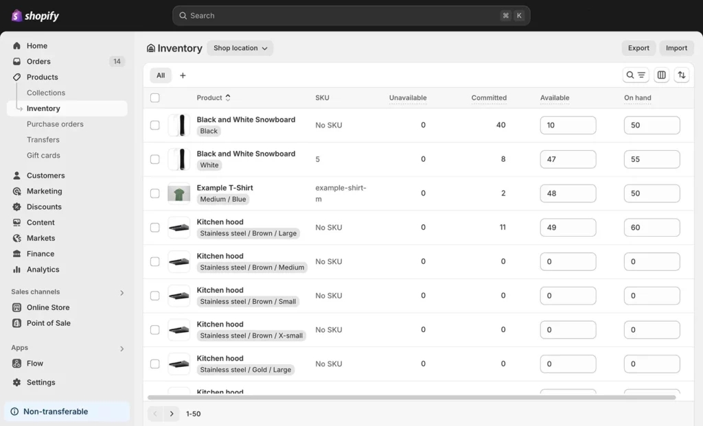Shopify inventory editing in bulk