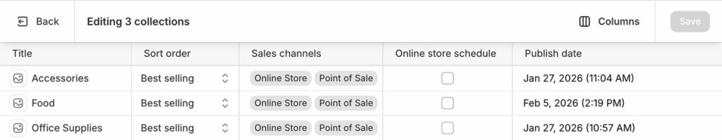 Shopify native collection bulk editor