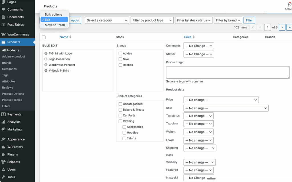WooCommerce native bulk editor