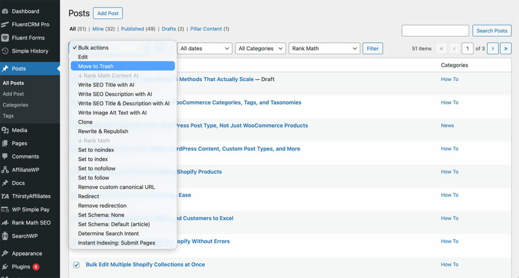 Bulk delete posts native WordPress
