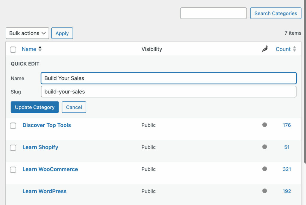 Quick edit categories in WordPress