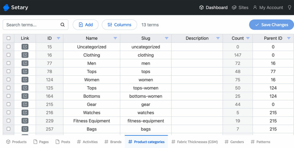 Setary bulk edit WooCommerce category tag taxonomy