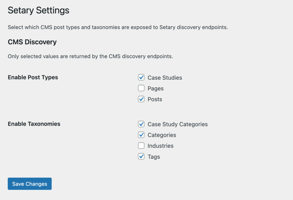 Setary settings enable post types and taxonomies