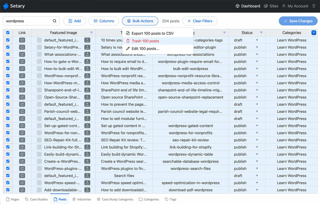 WordPress bulk delete with Setary spreadsheet editor