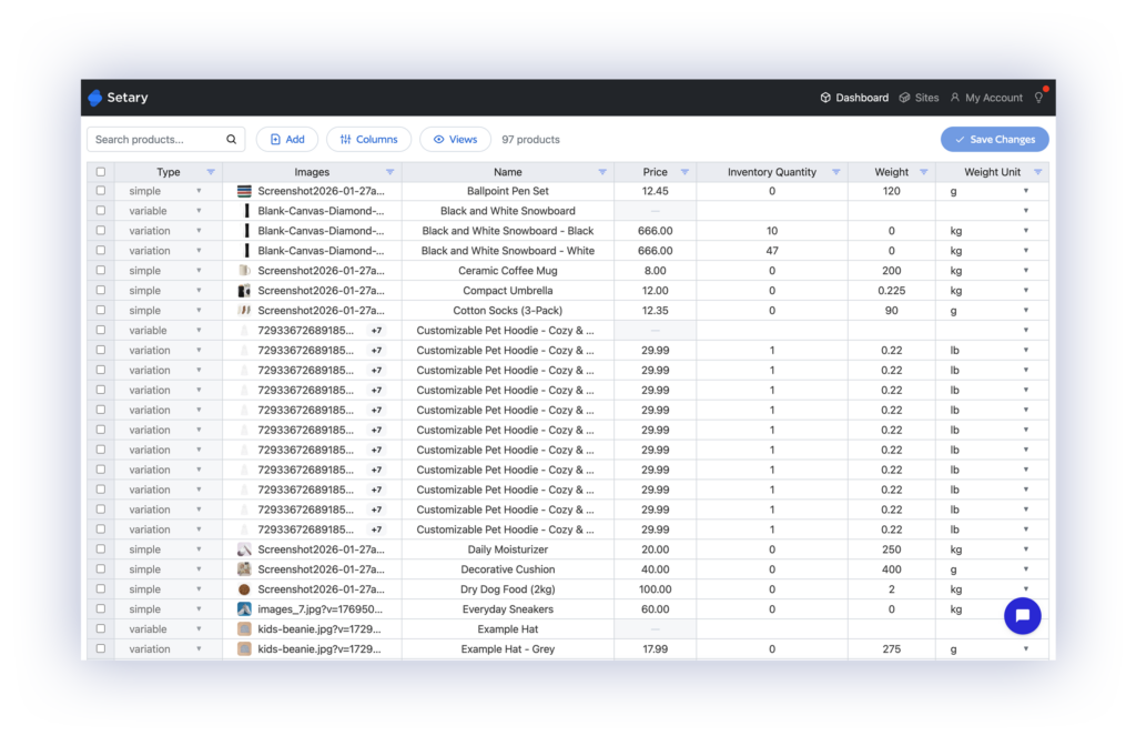 Setary spreadsheet bulk editor showing Shopify products with price and inventory quantity columns