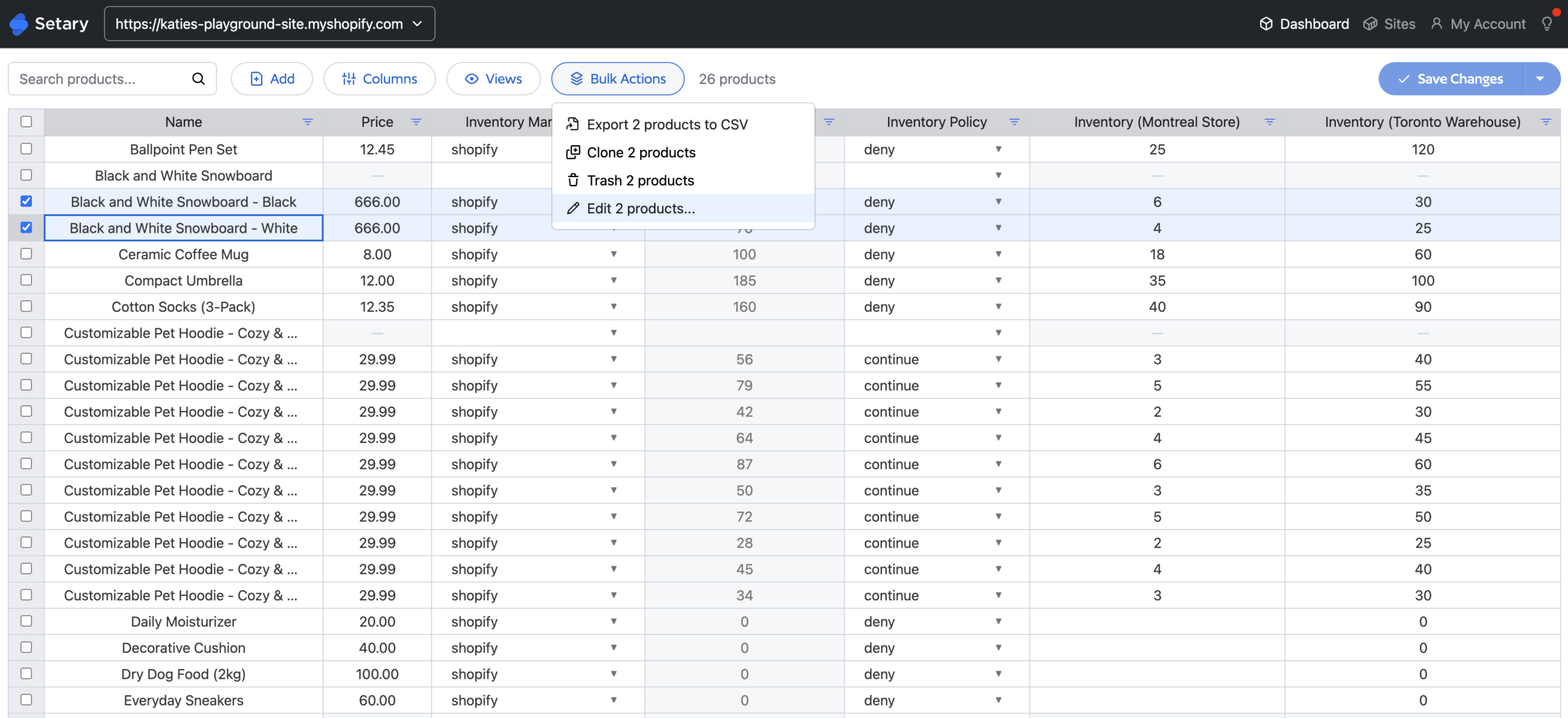Setary spreadsheet with two products selected and the Bulk Actions menu open, showing Export, Clone, Trash and Edit options