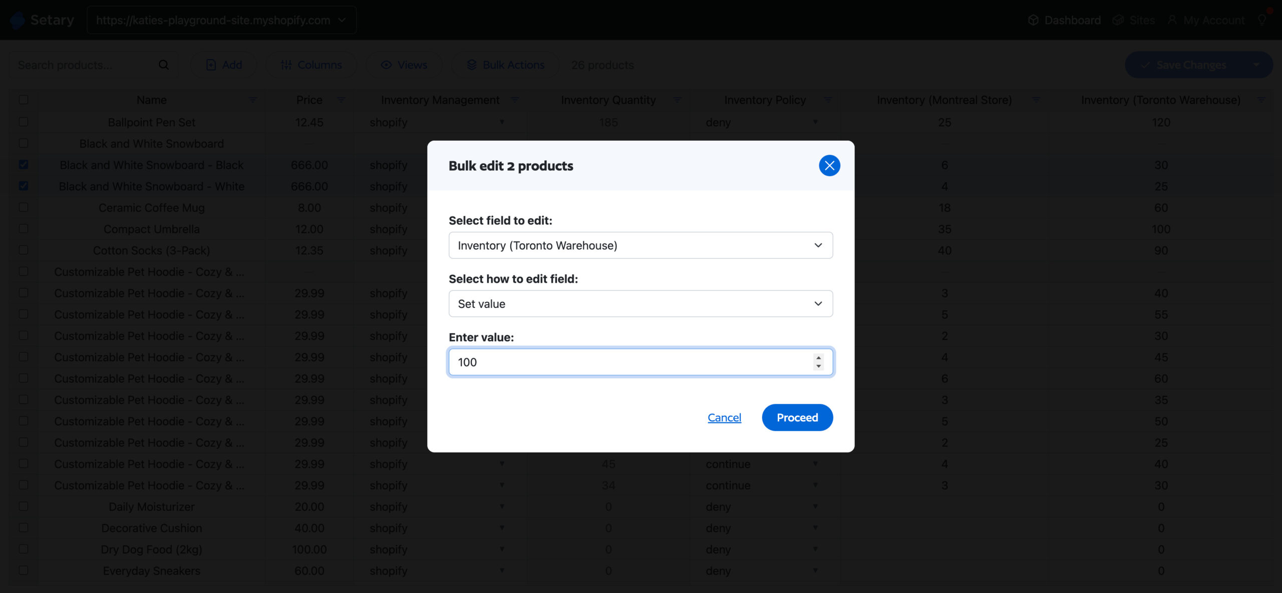 Setary bulk edit window with Inventory (Toronto Warehouse) chosen as the field to edit, Set value as the method, and 100 entered as the quantity