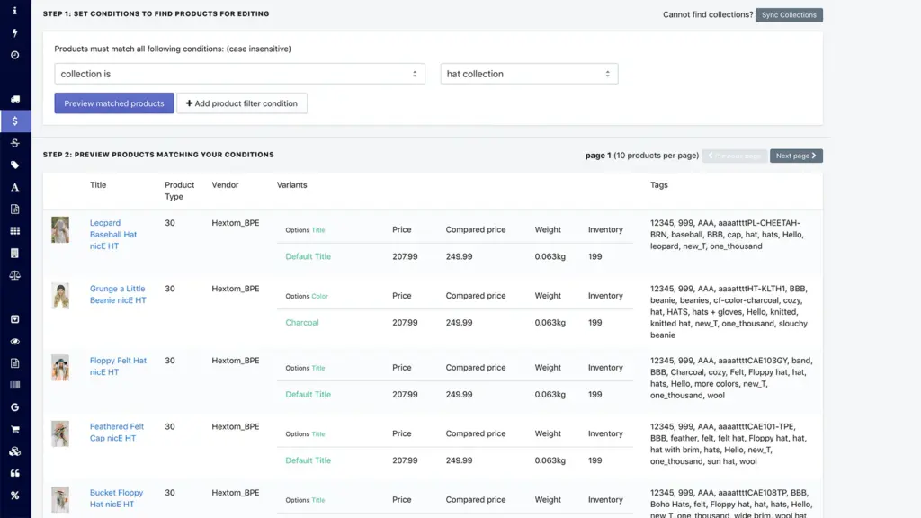 Hextom Bulk Product Edit app for Shopify showing task conditions and matching products
