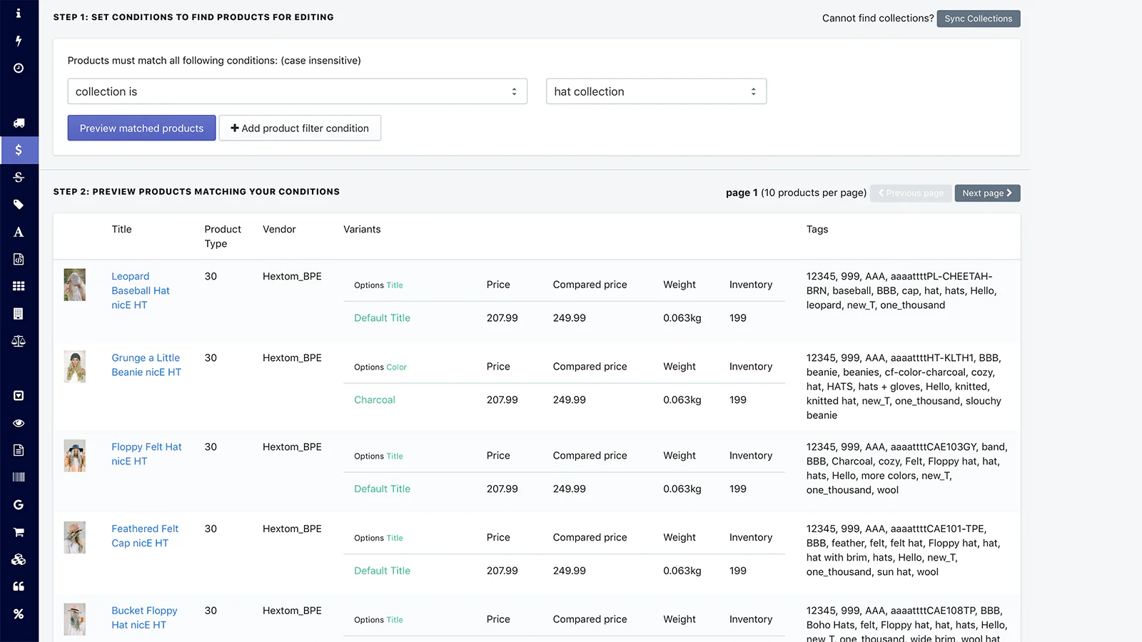 Hextom Bulk Product Edit setting conditions to find Shopify products, with a read-only preview of the products matched