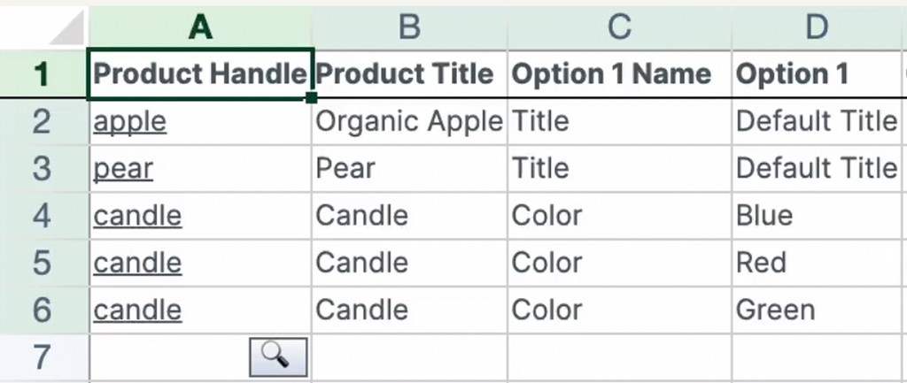 Mixtable spreadsheet showing Shopify product rows with Excel-style column letters and row numbers