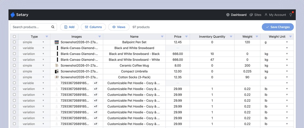 Setary spreadsheet showing Shopify products and variants with price, inventory and weight columns