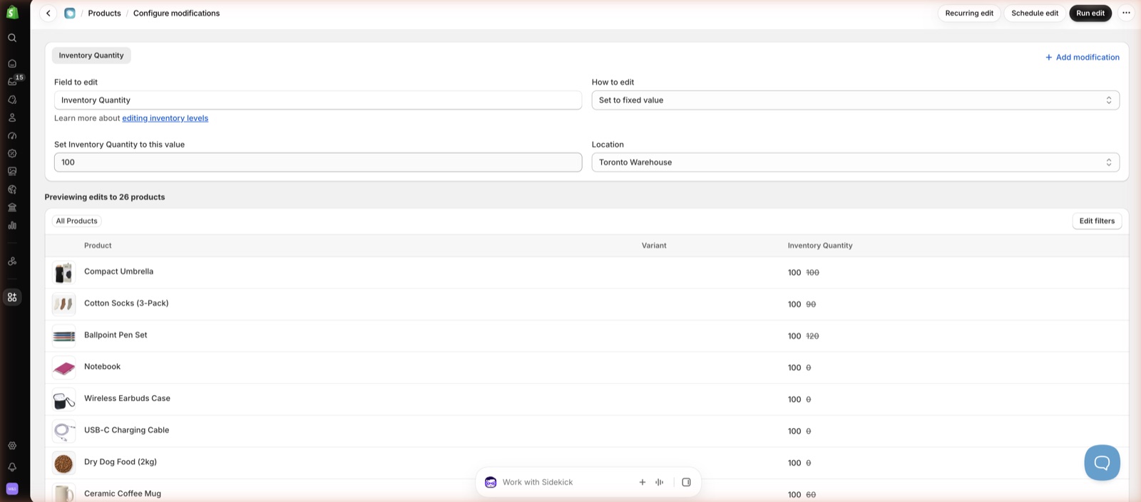 Ablestar Configure modifications screen inside the Shopify admin, with Inventory Quantity chosen as the field to edit, Set to fixed value as the method, 100 as the value and Toronto Warehouse as the location