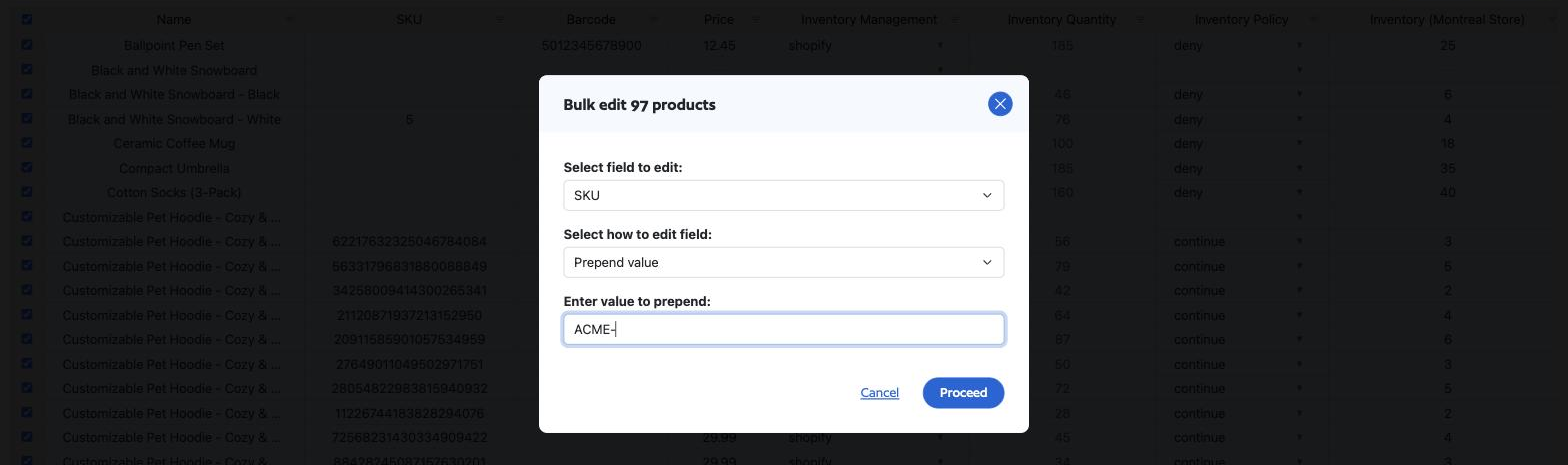 Setary bulk edit dialog set to prepend a value to the SKU field across 97 Shopify products